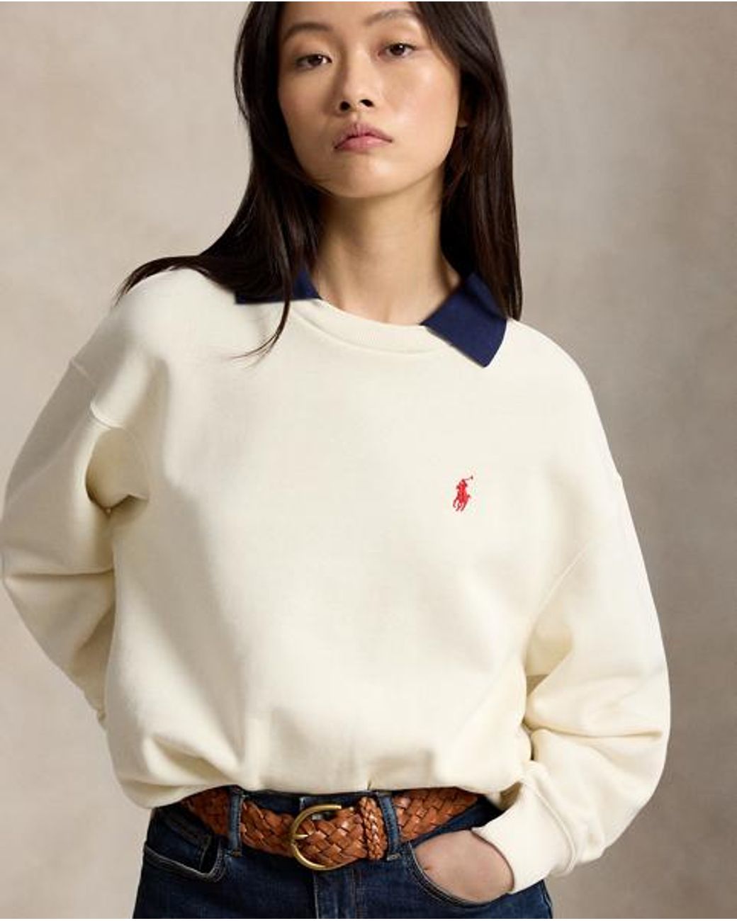 Polo Ralph Lauren White Polo-Collar Fleece Crewneck