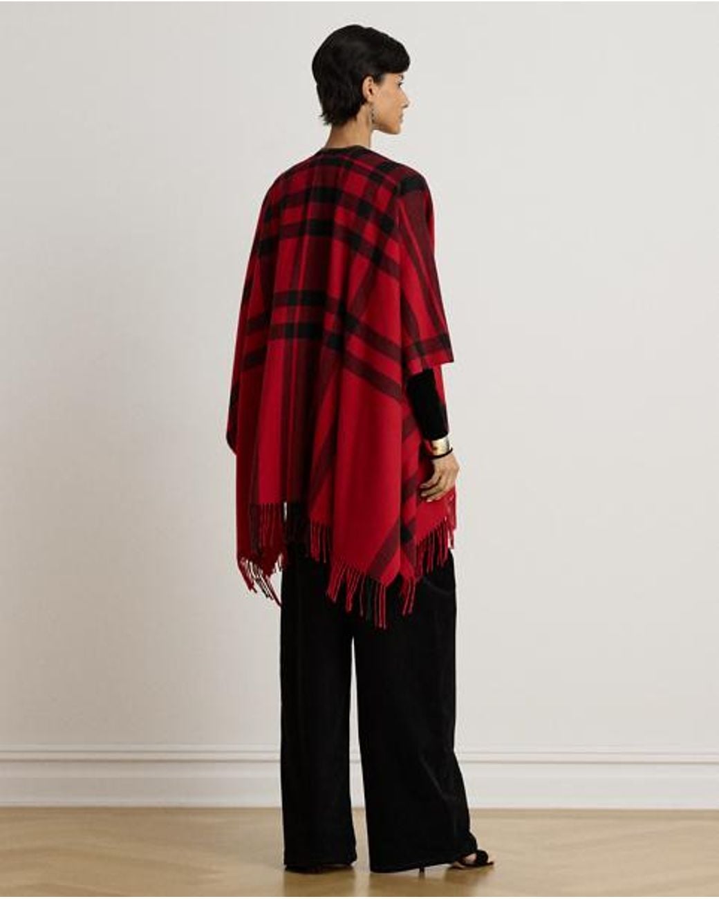 Ralph Lauren Red Plaid Fringe-Trim Ruana