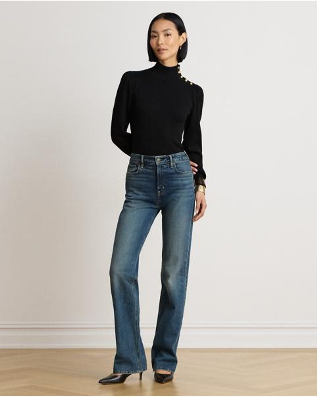 Ralph Lauren Black Button-Trim Mockneck Jumper