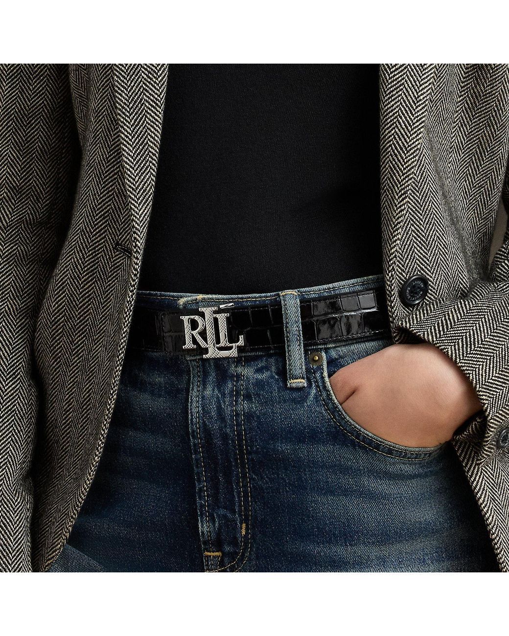 Ralph Lauren Black Logo Reversible Croc-Embossed Belt