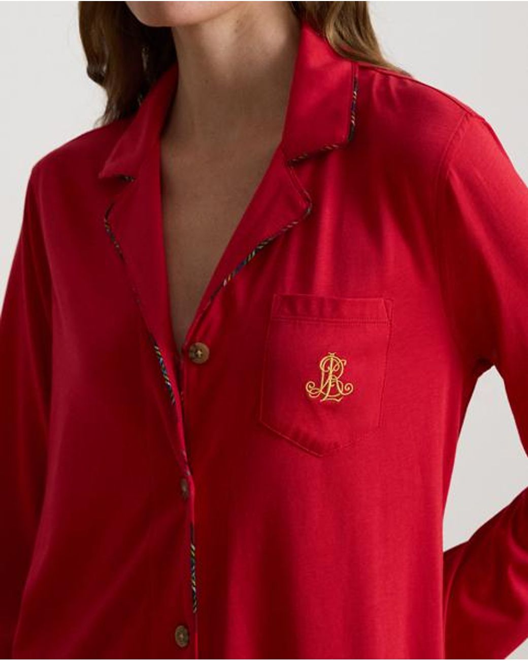 Ralph Lauren Red Plaid-Trim Jersey Sleep Shirt