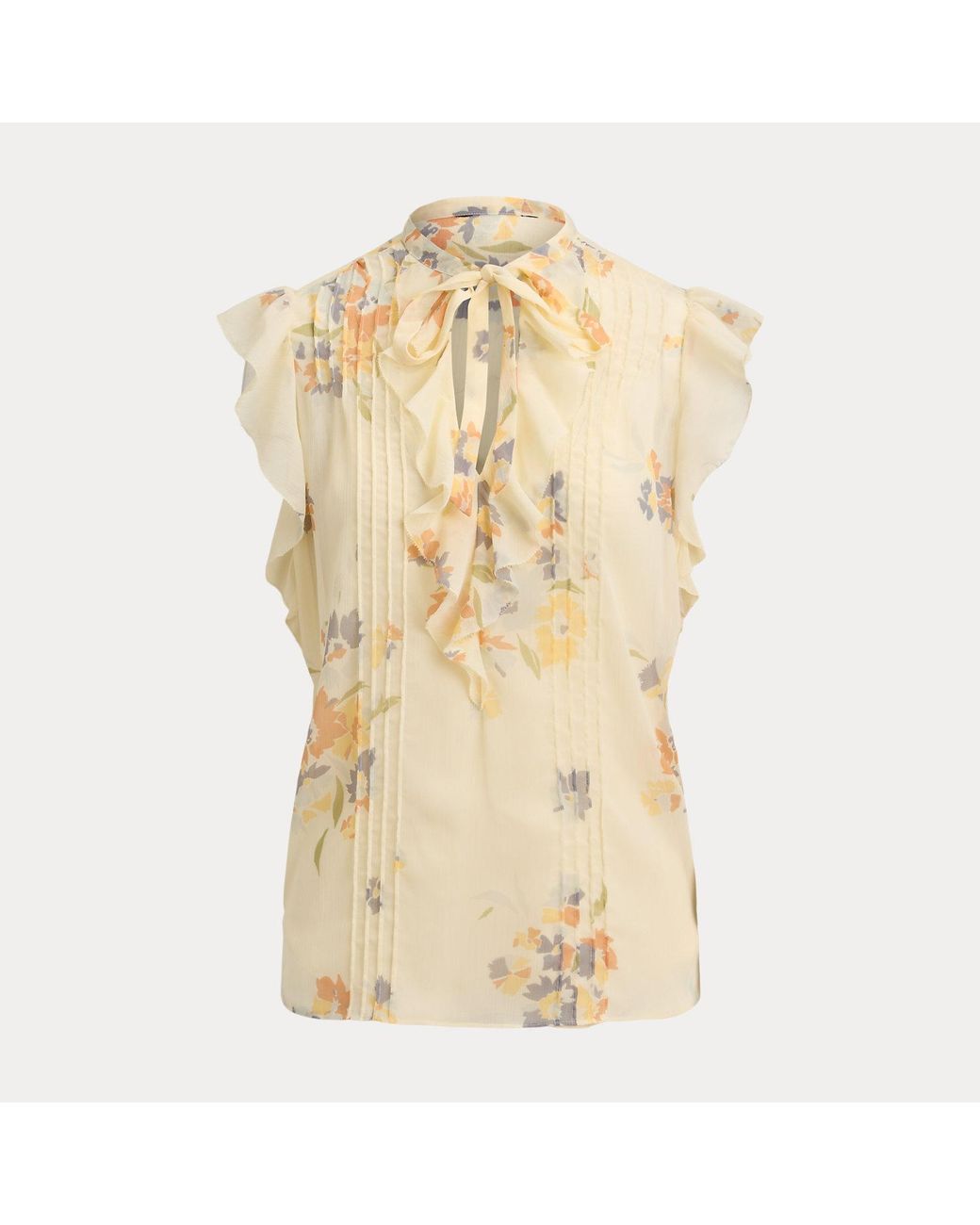 Ralph Lauren Natural Floral Pintucked Tie-Neck Blouse