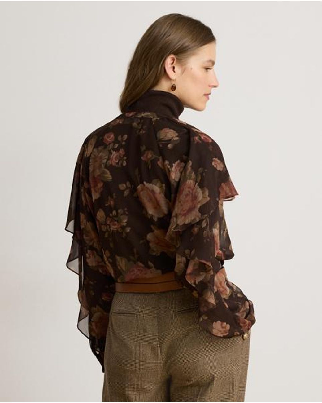 Ralph Lauren Brown Floral Ruffle-Trim Chiffon V-Neck Blouse