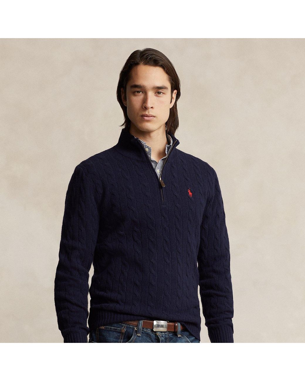 Polo Ralph Lauren Blue Cable-Knit Quarter-Zip Sweater for men
