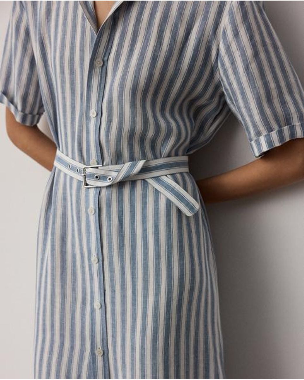Ralph Lauren Gray Carol Striped Linen Day Dress