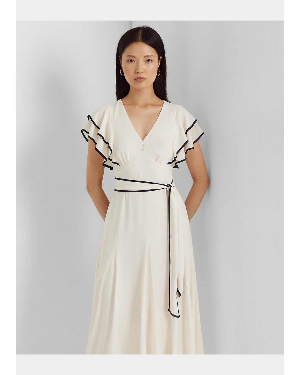 Ralph Lauren Belted Georgette Flutter-sleeve Dress in Natural | Lyst UK