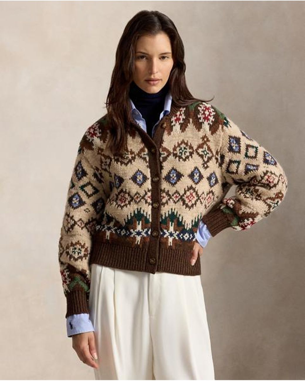 Ralph Lauren Brown Geo-Pattern Wool-Cashmere Cardigan