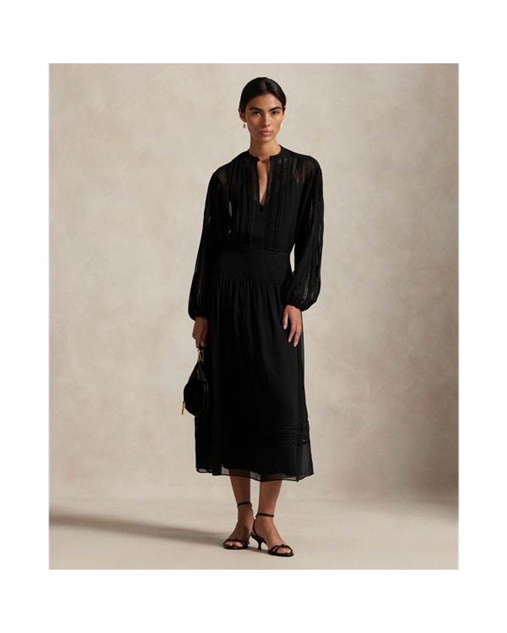 ralph lauren lace trim a line dress Polo Lace-Trim Georgette in Black nylon elastane Black Tie Dresses Party-Ready Bachelorette Dresses in item size:S