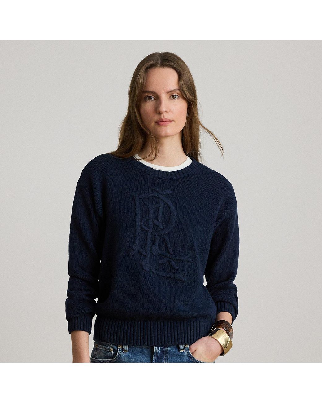 Ralph Lauren Blue Embroidered-Logo Combed Cotton Jumper