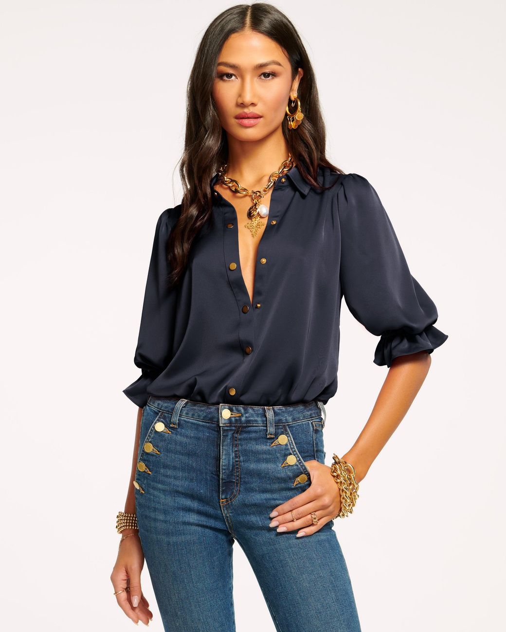 Ramy Brook Blue Dina Button Down Bodysuit