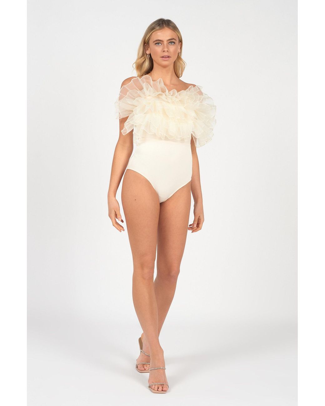 Rare London Synthetic Cream Organza Explosion Bodysuit in Natural - Lyst