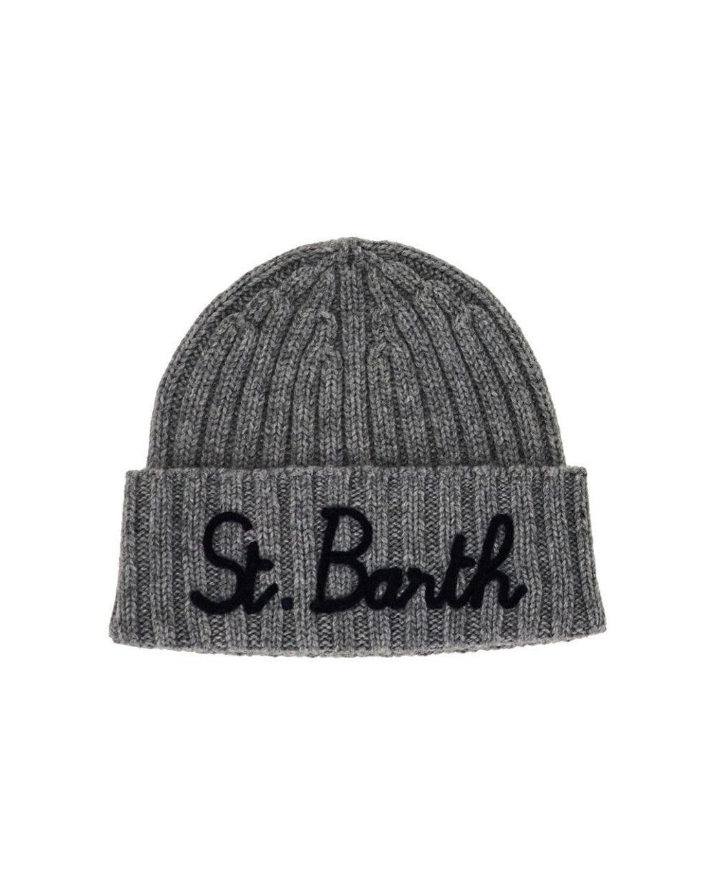 Mc2 Saint Barth Gray Wool-Blend Beanie Hat With Logo Embroidery for men