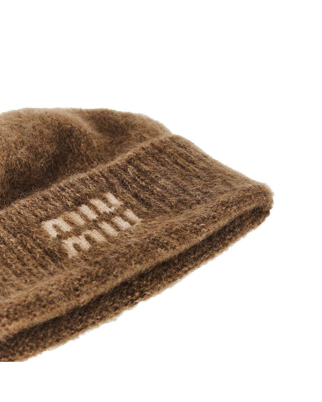 Miu Miu Mohair-Blend Beanie Hat With Jacquard Logo in Brown | Lyst