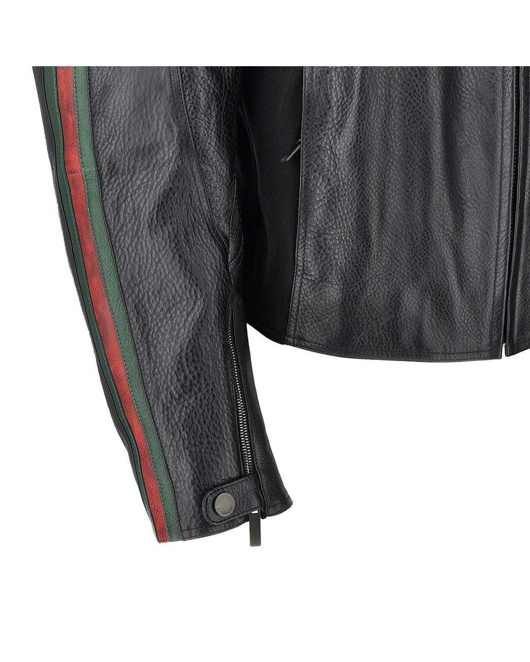 Gucci Gray Leather Biker Jacket With Web Details for men