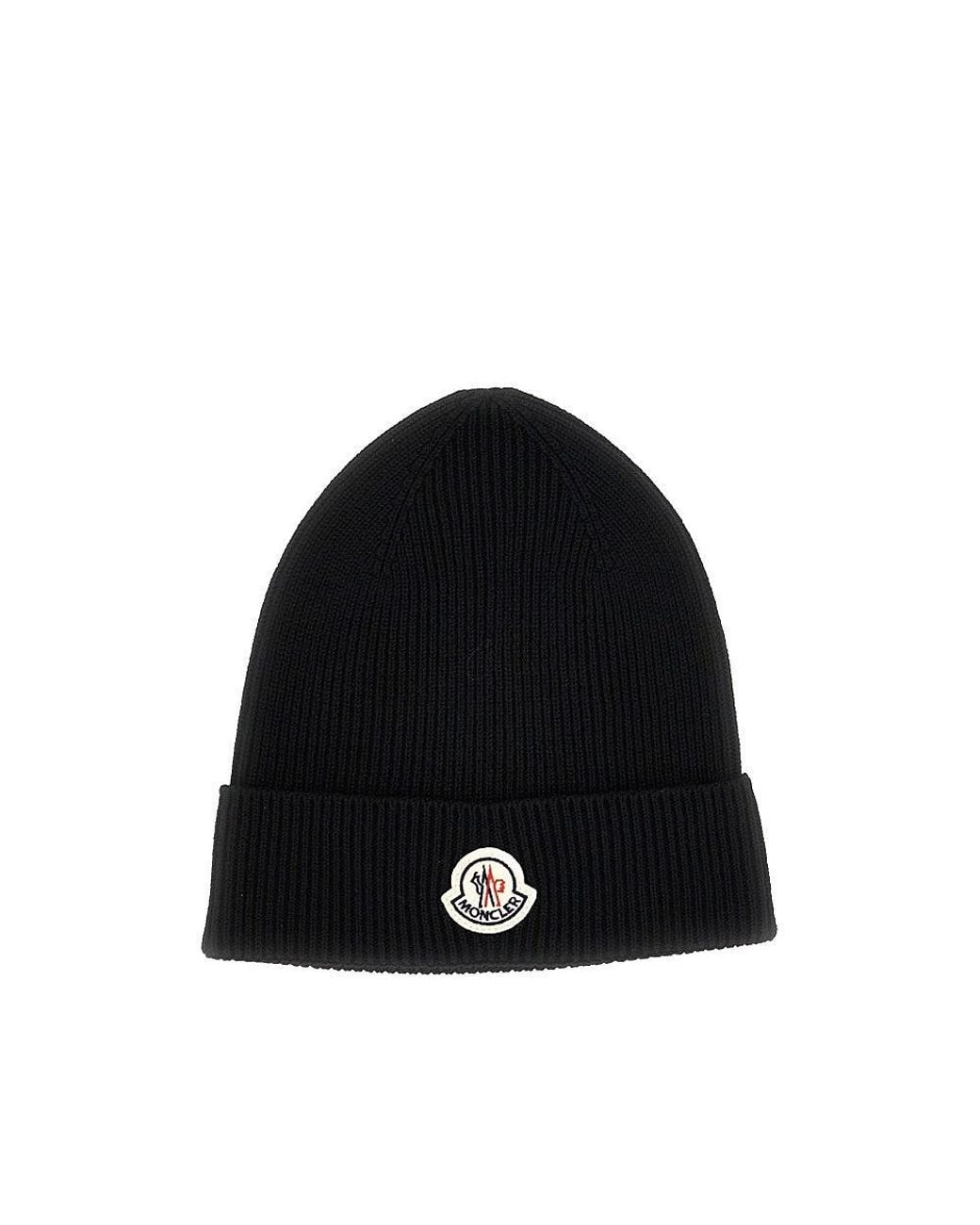 Moncler Black Wool Beanie Hat With Logo Patch for men