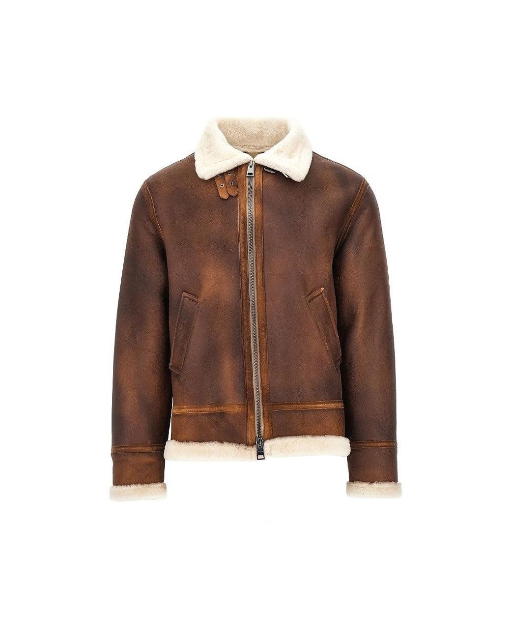 Dacute Brown Waxed Shearling Aviator Jacket for men