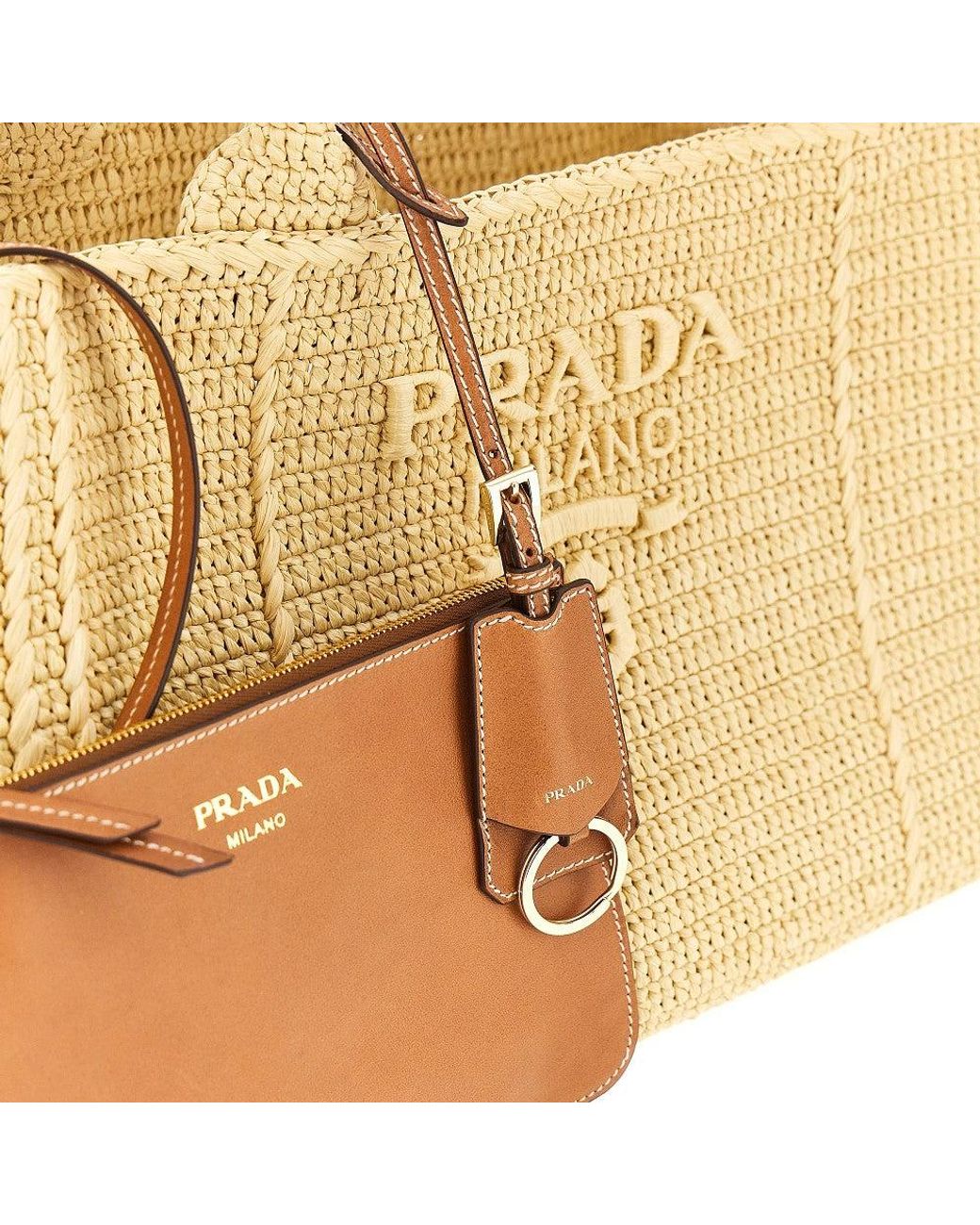 Prada Faux Raffia Shopping Bag With Logo in Metallic | Lyst