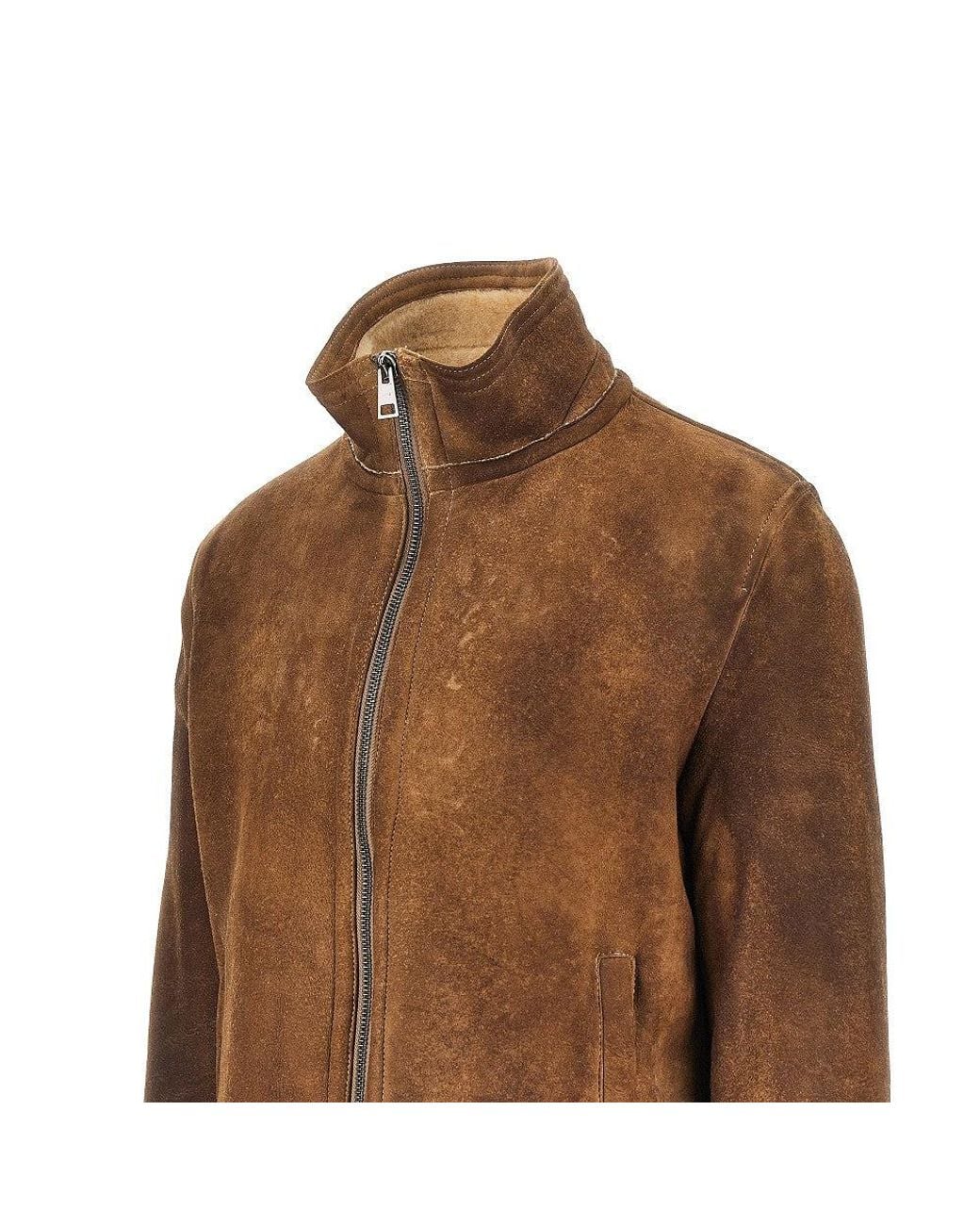 Dacute Brown Waxed Shearling Bomber Jacket for men