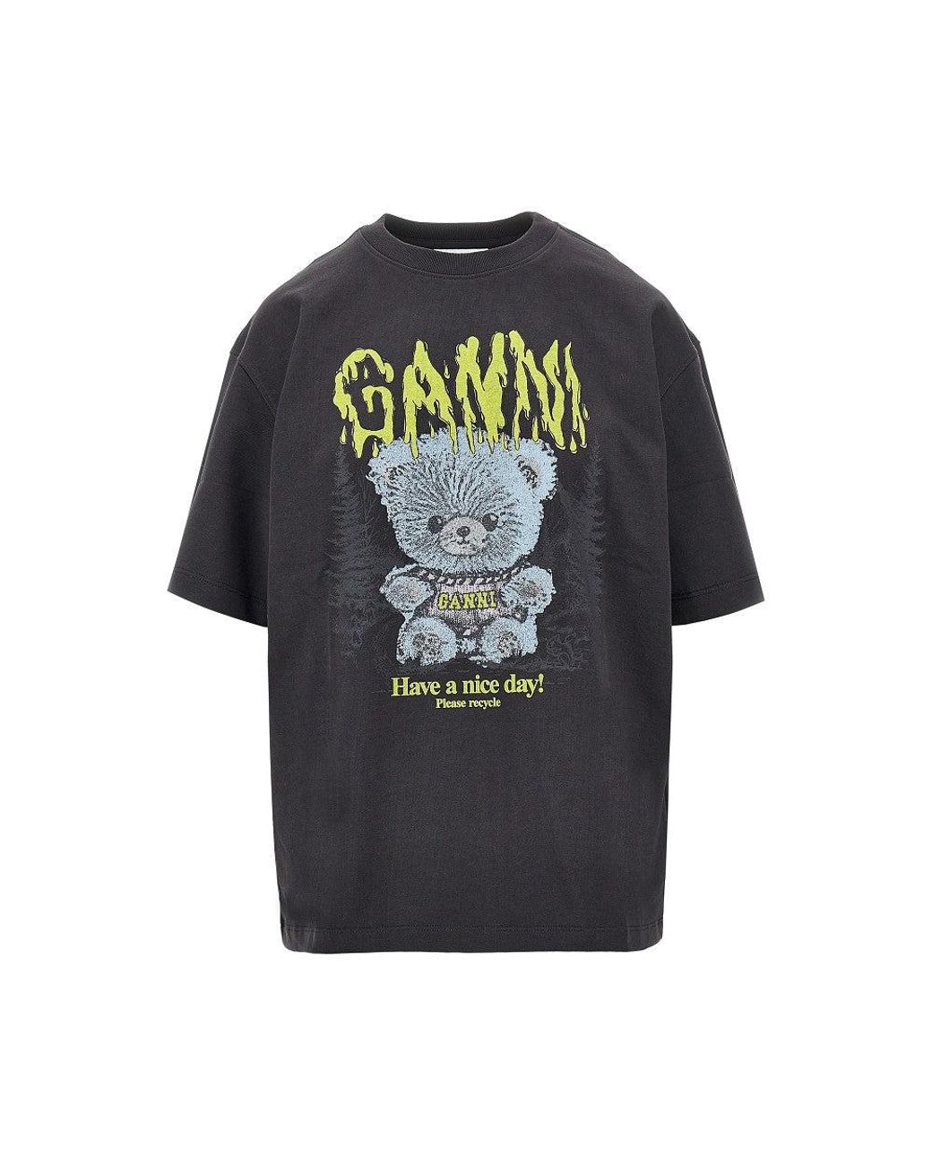Ganni Black 'Forest Teddy' Print Relaxed Fit T-Shirt