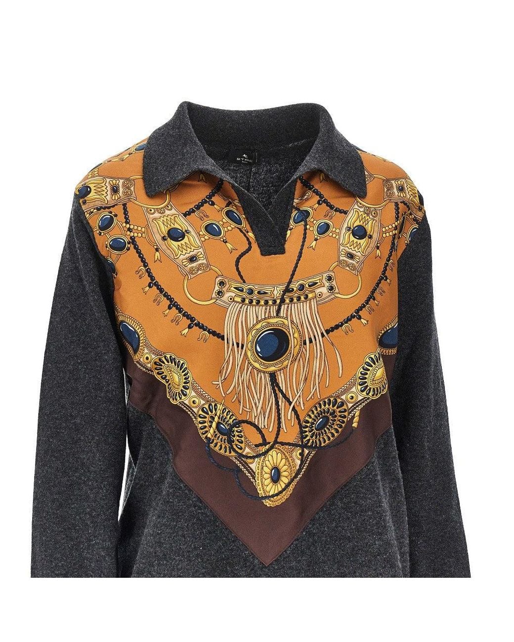 Etro Black Wool Sweater With Printed Silk Intarsia