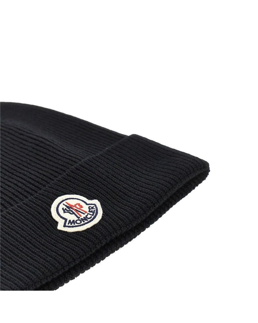 Moncler Black Wool Beanie Hat With Logo Patch for men