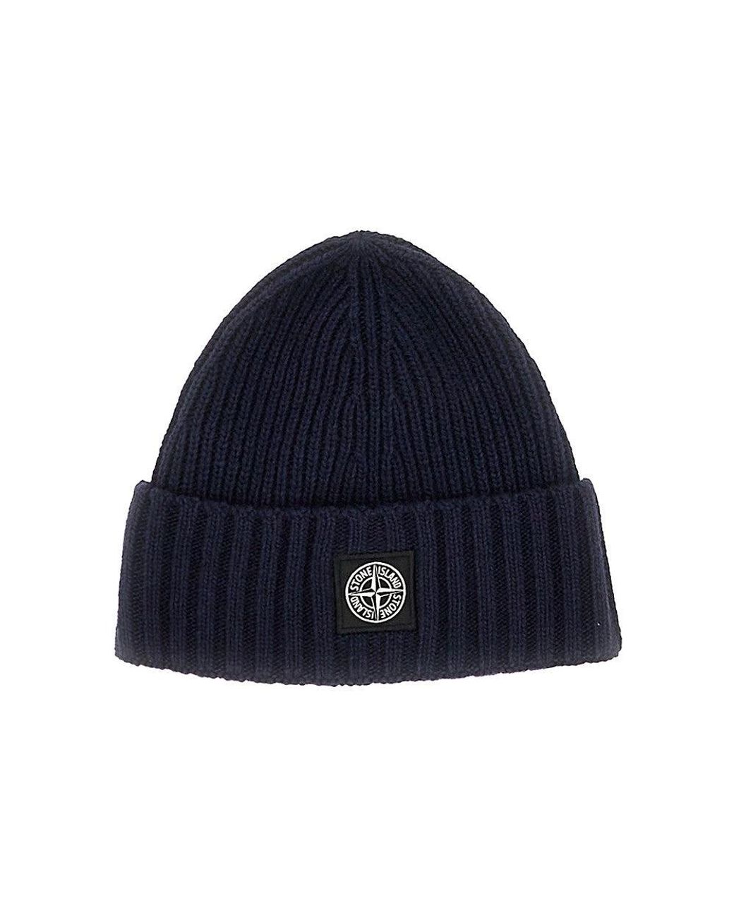 Stone Island Blue Knitted Beanie Hat With Logo Patch