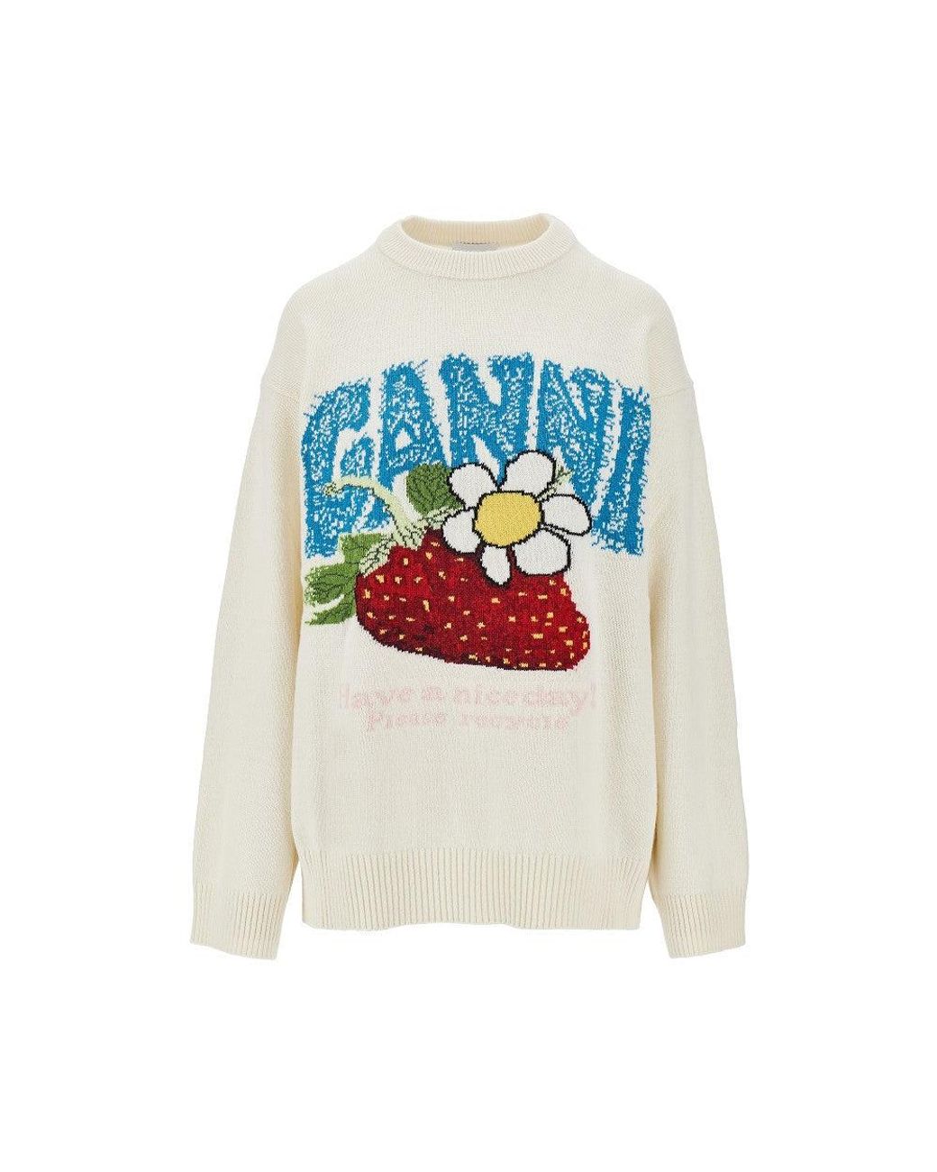 Ganni White 'Strawberry' Wool-Blend Sweater