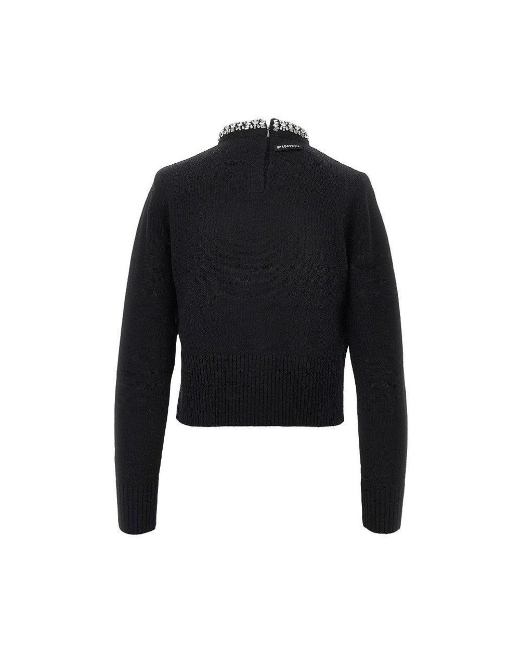 Pinko Black Knitted Crewneck Sweater With Crystals
