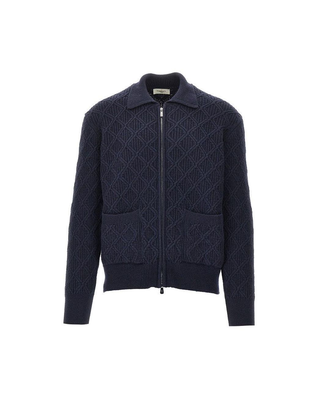Piacenza 1733 Blue Diamond-Motif Wool Full-Zip Cardigan for men