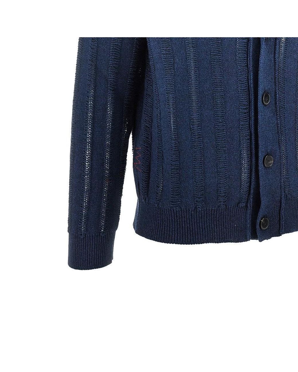 Amaranto Blue Open-Knit Striped Cotton Cardigan for men