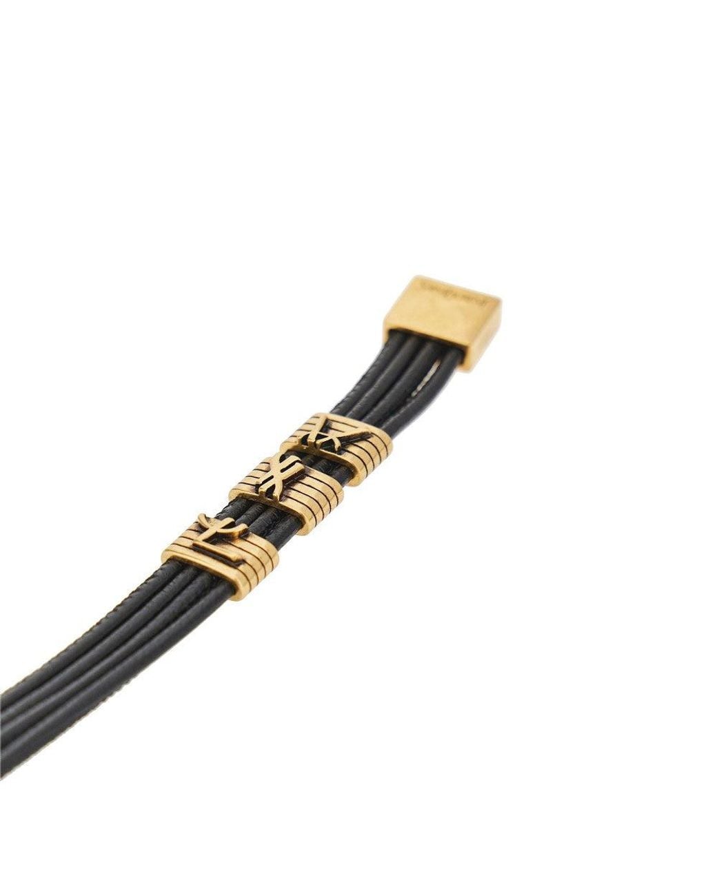 Saint Laurent Black Cassandre Plate Leather Bracelet
