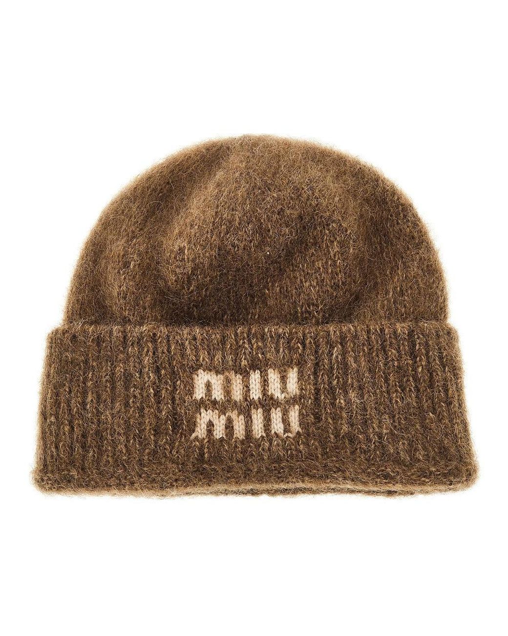 miu miu モヘア ビーニー M Miu Miu Mohair-Blend Beanie Hat With Jacquard Logo in Brown | Lyst