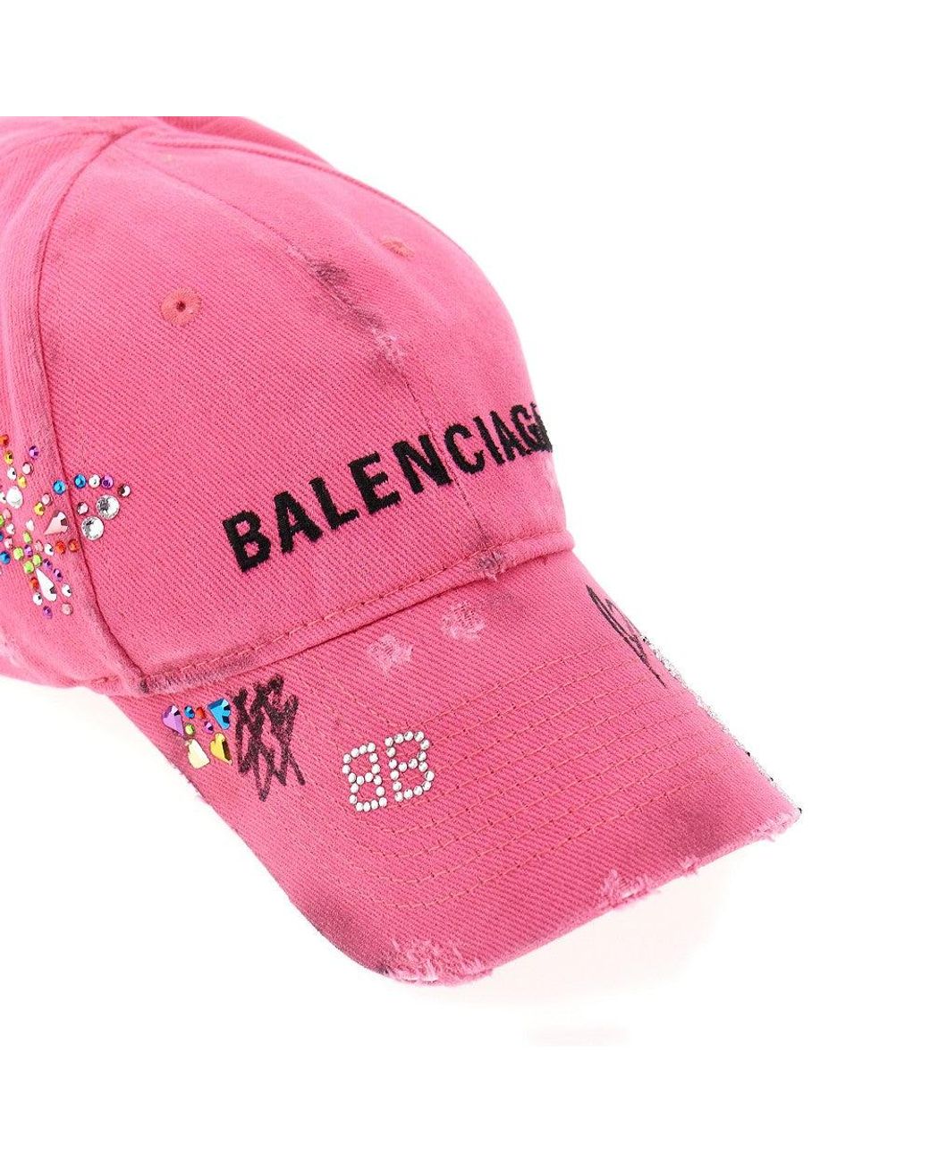 Balenciaga Pink Baseball Cap With Rhinestones And Used Effect