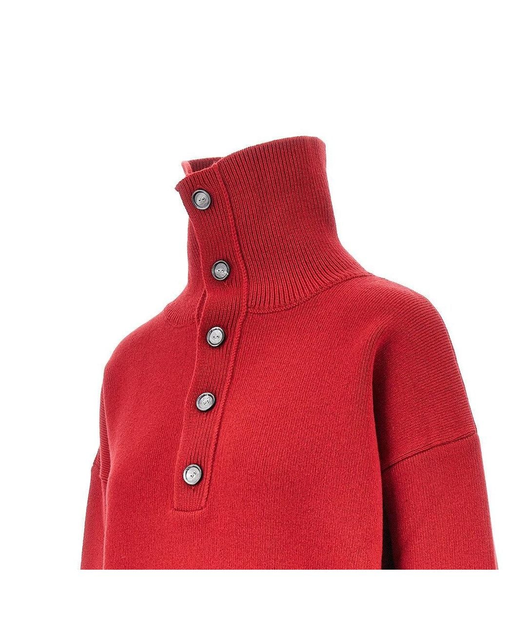 AMI Red Buttoned High-Neck Wool Sweater