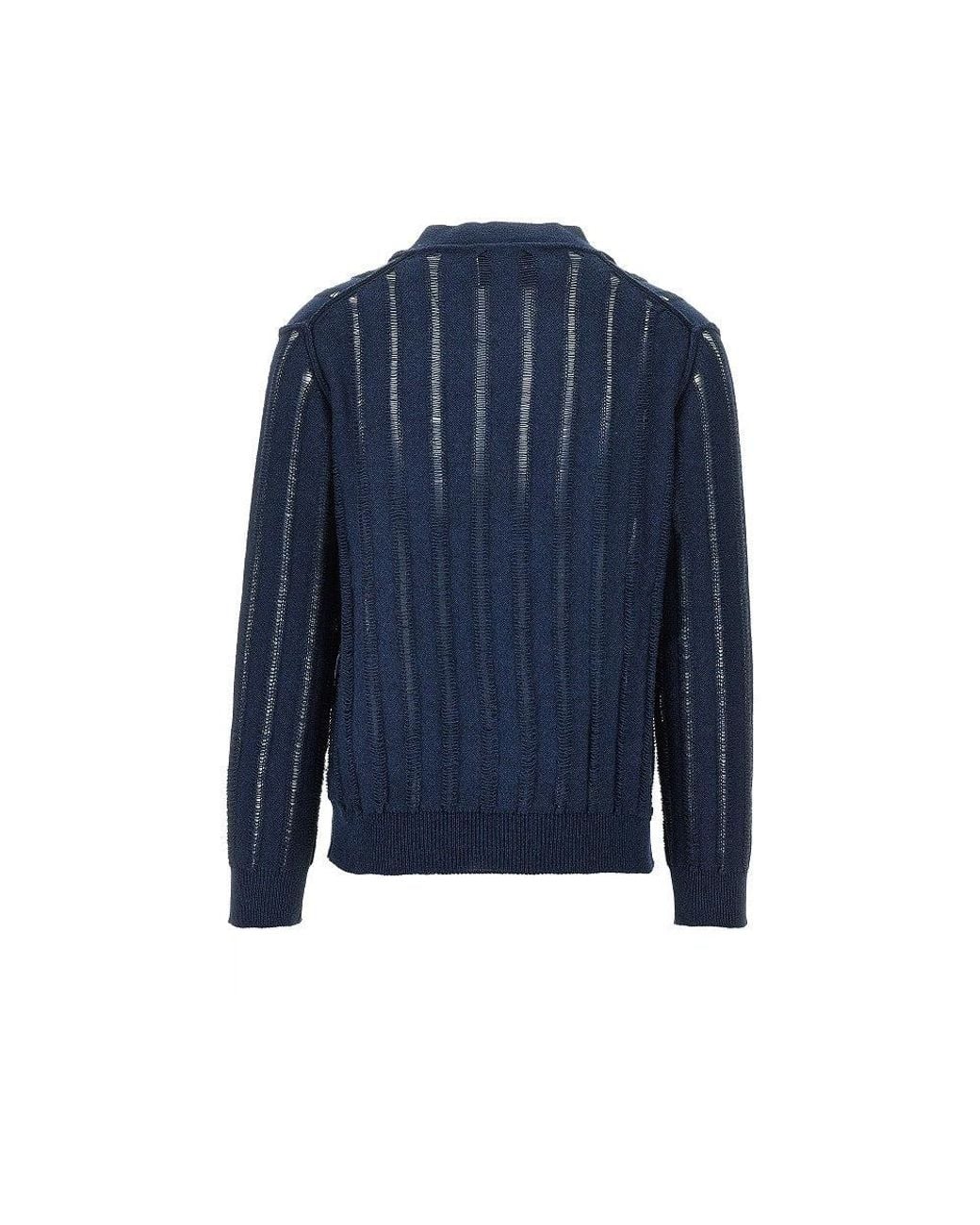 Amaranto Blue Open-Knit Striped Cotton Cardigan for men