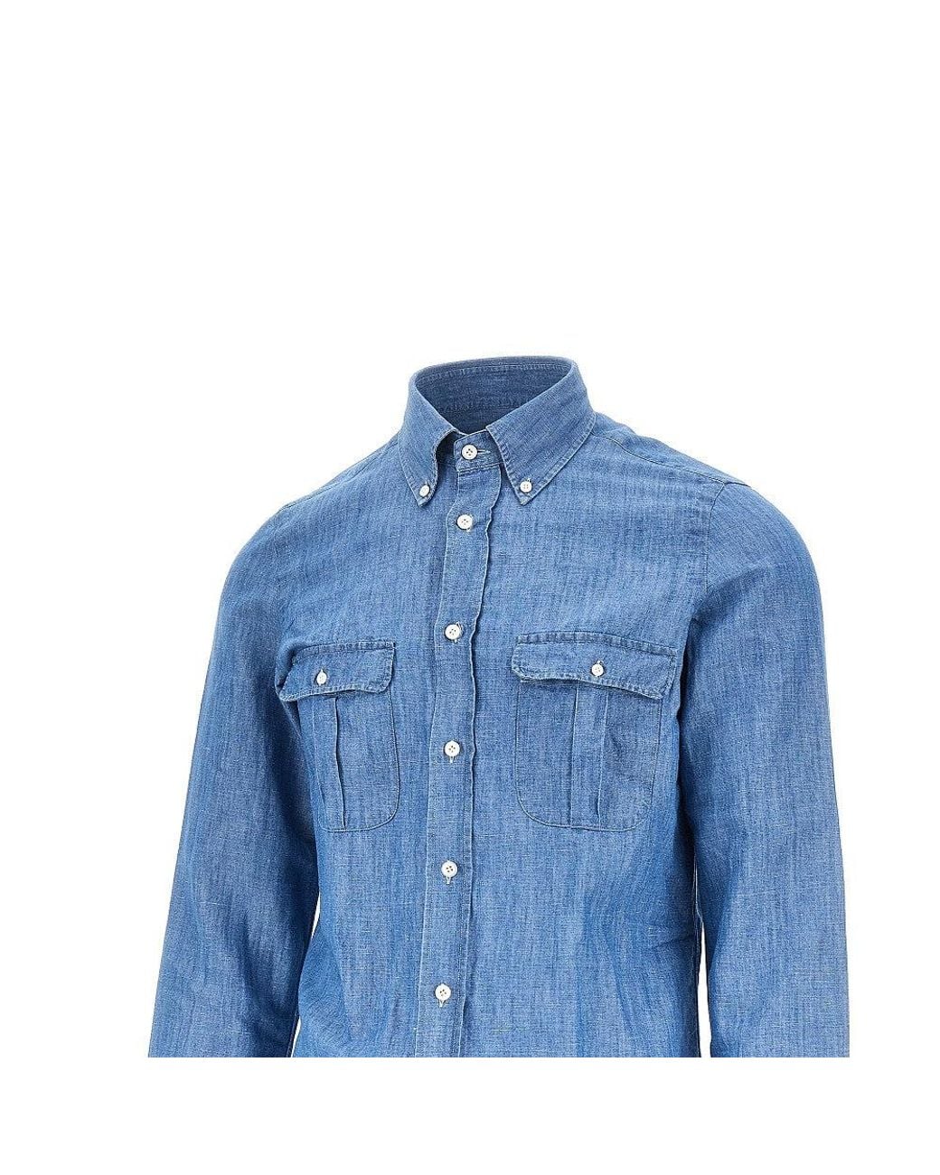 Finamore 1925 Blue Cotton And Linen Denim Shirt for men