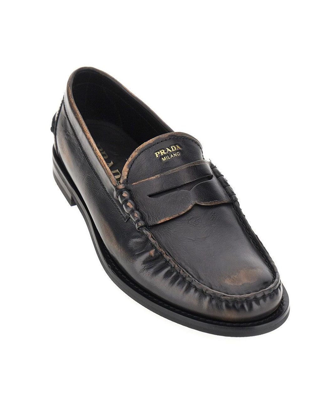 Prada Black Antique Finish Leather Loafers 8 for men