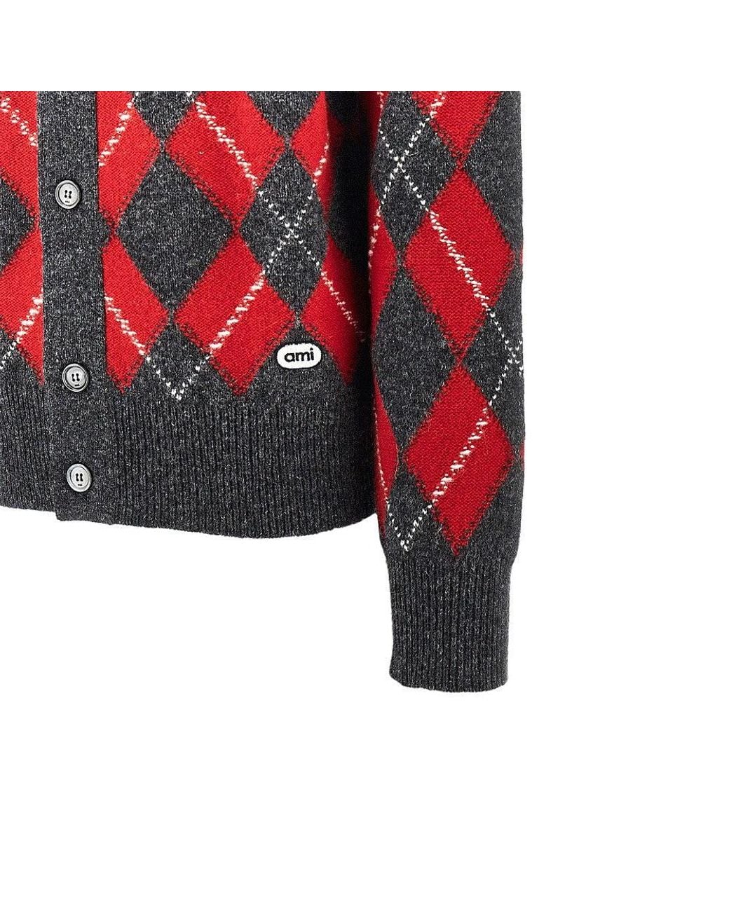 AMI Red Argyle Wool Cardigan for men