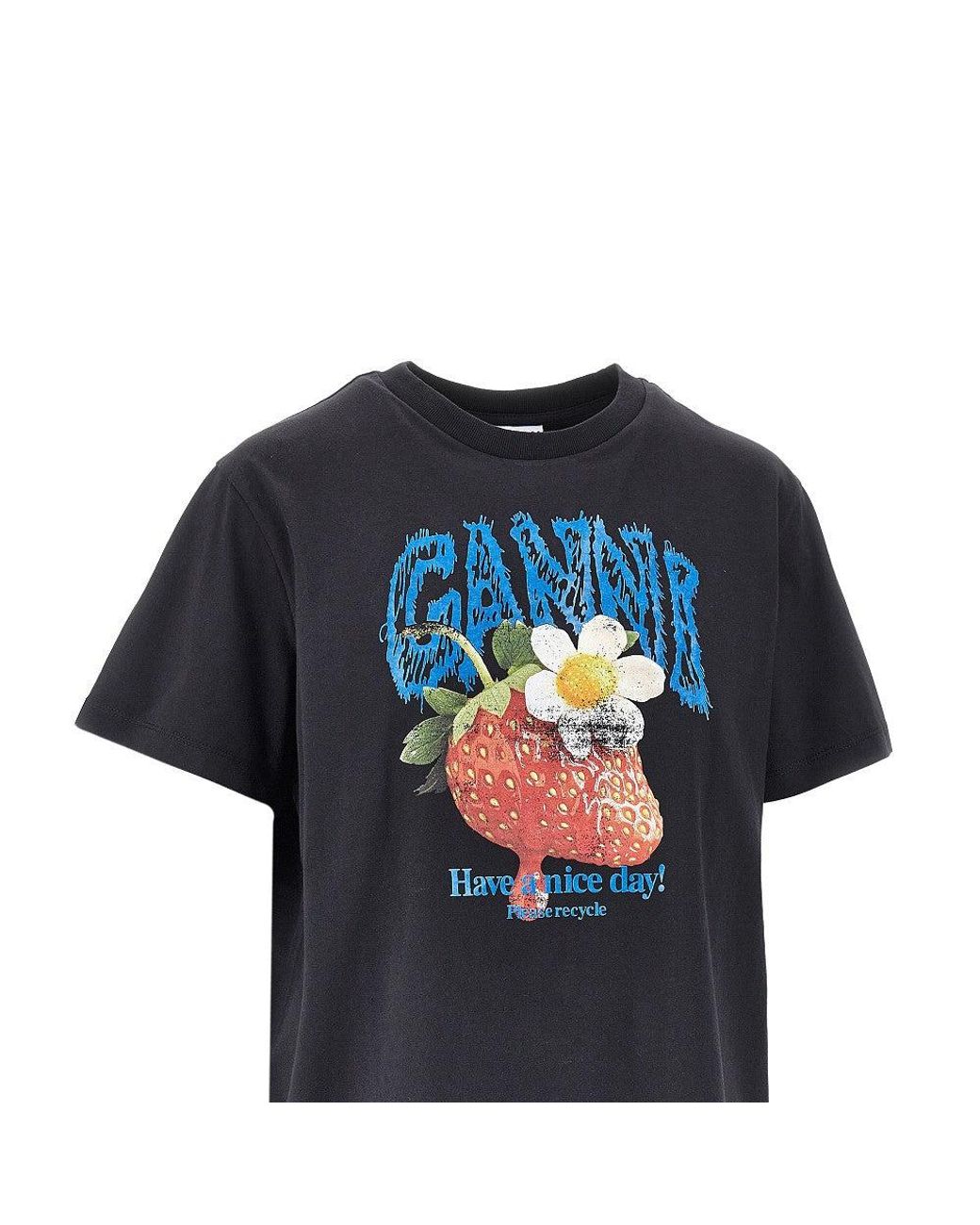 Ganni Blue Cotton T-Shirt With 'Strawberry' Print