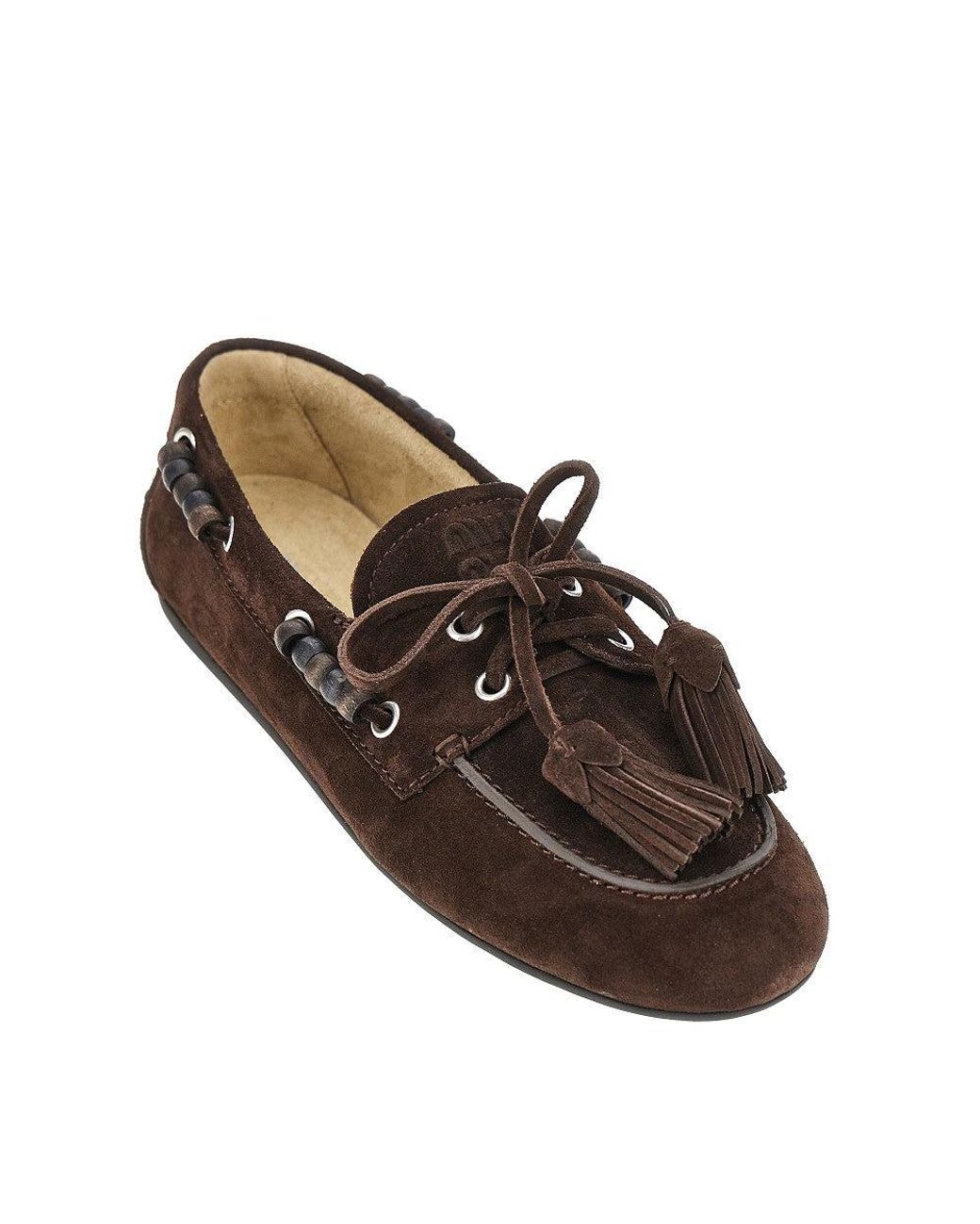 Miu Miu Brown Suede Leather Deck Loafers With Tassels