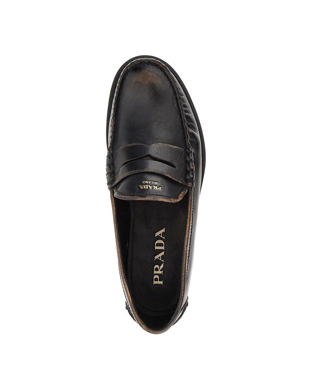 Prada Black Antique Finish Leather Loafers 8 for men