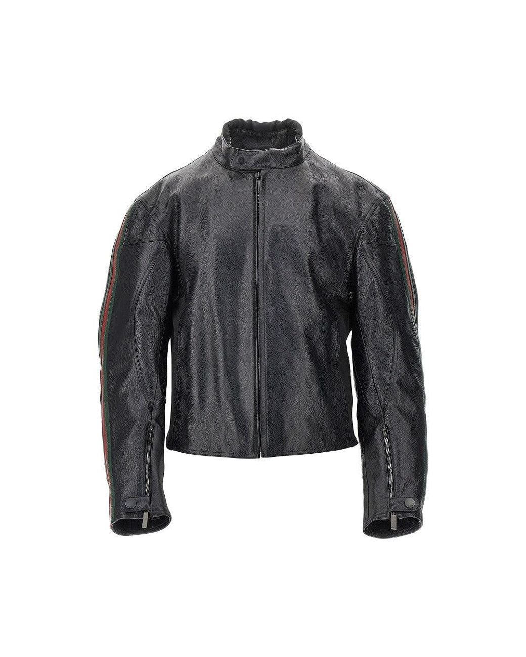 Gucci Gray Leather Biker Jacket With Web Details for men