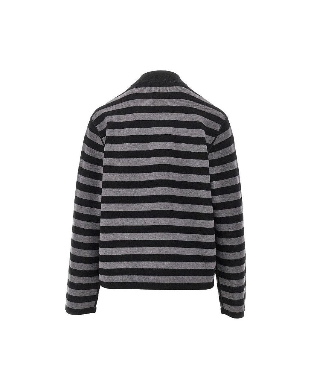 Emporio Armani Black Self-Tie Closure Striped Wool Cardigan