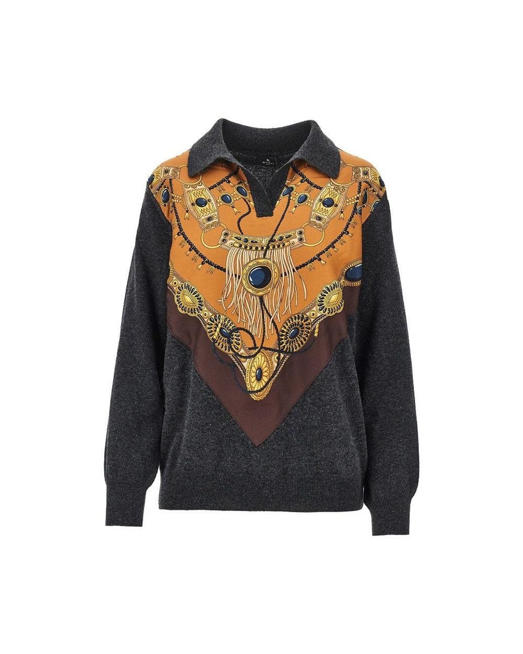 Etro Black Wool Sweater With Printed Silk Intarsia
