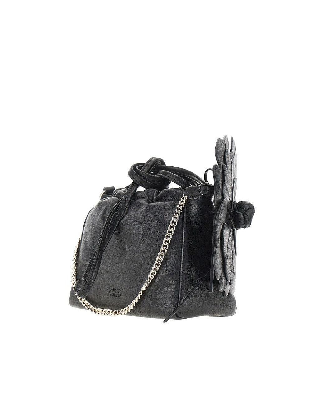 Pinko Gray Nappa Leather Bucket Bag With Flower