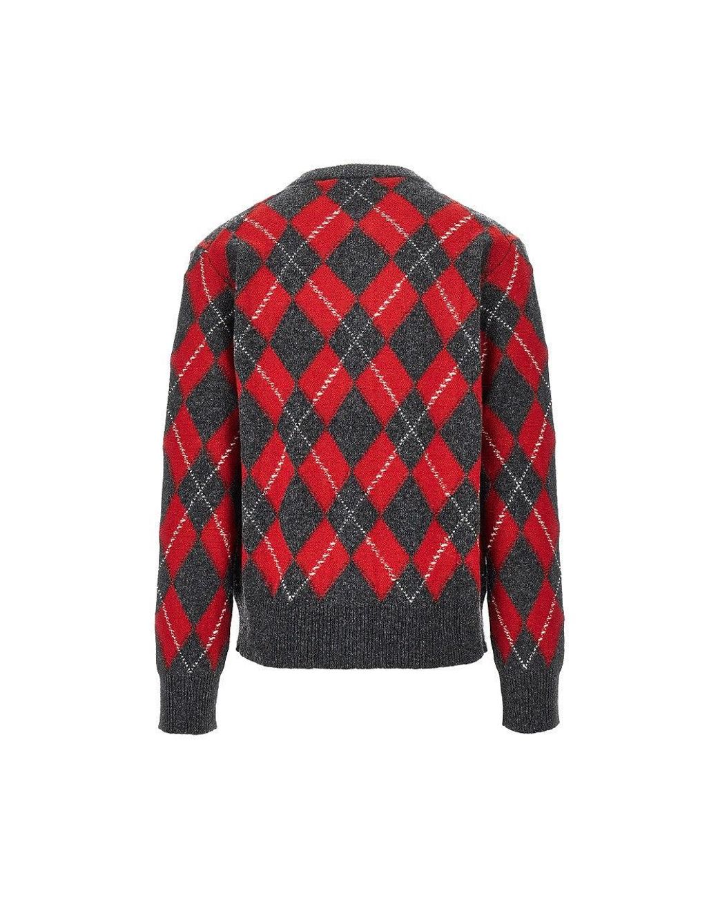 AMI Red Argyle Wool Cardigan for men