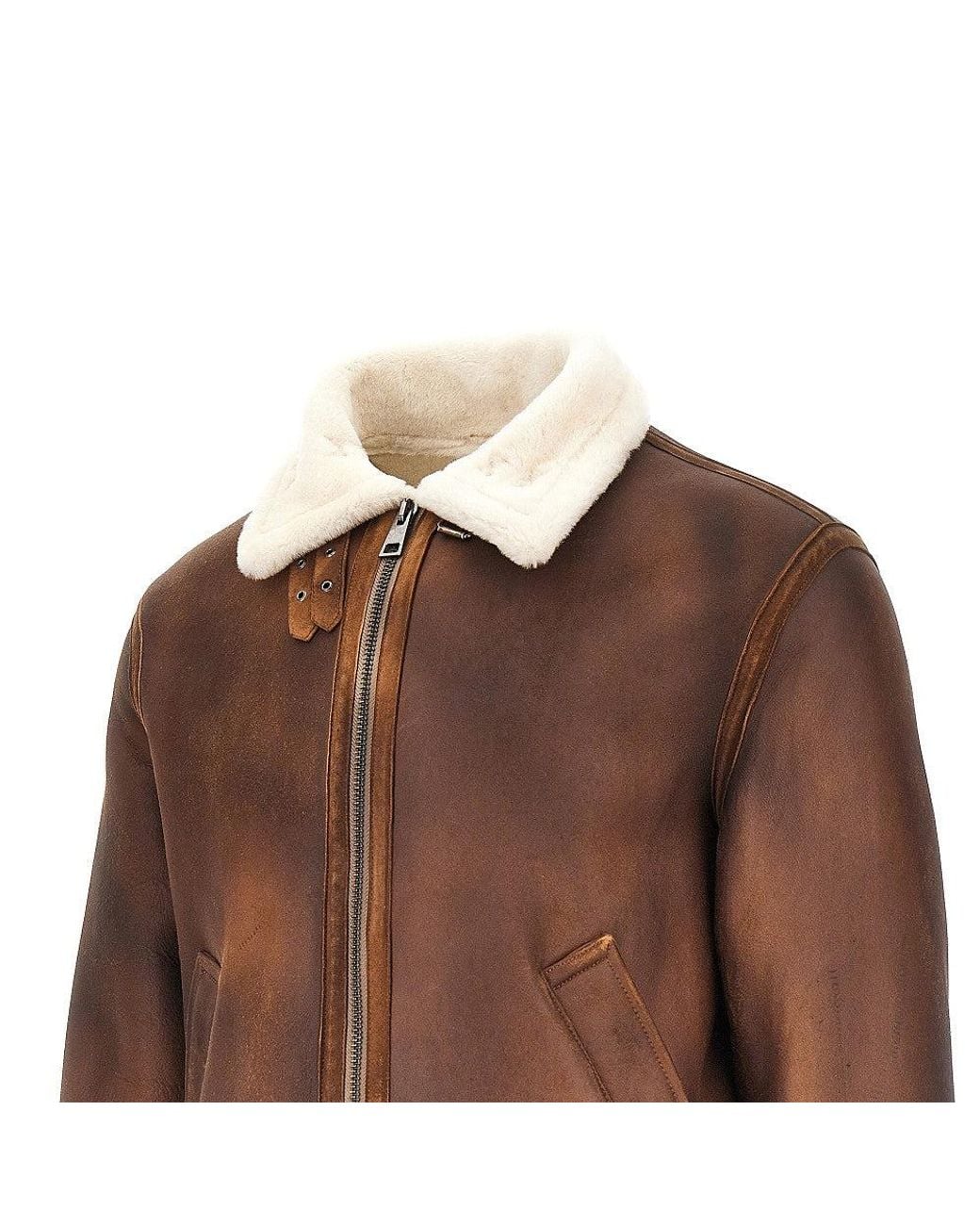 Dacute Brown Waxed Shearling Aviator Jacket for men