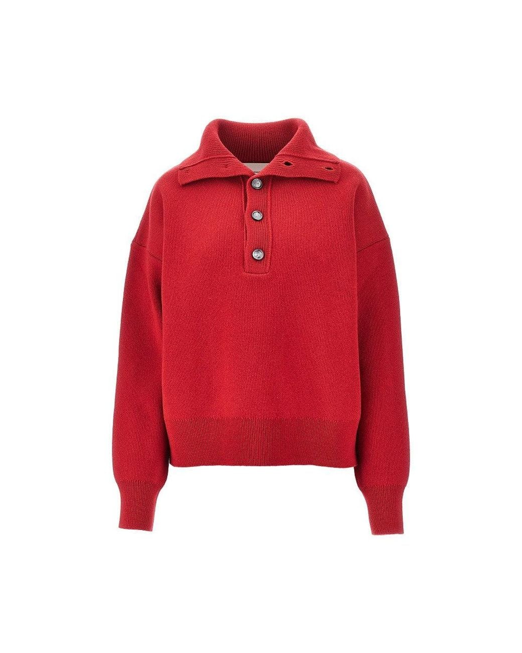 AMI Red Buttoned High-Neck Wool Sweater