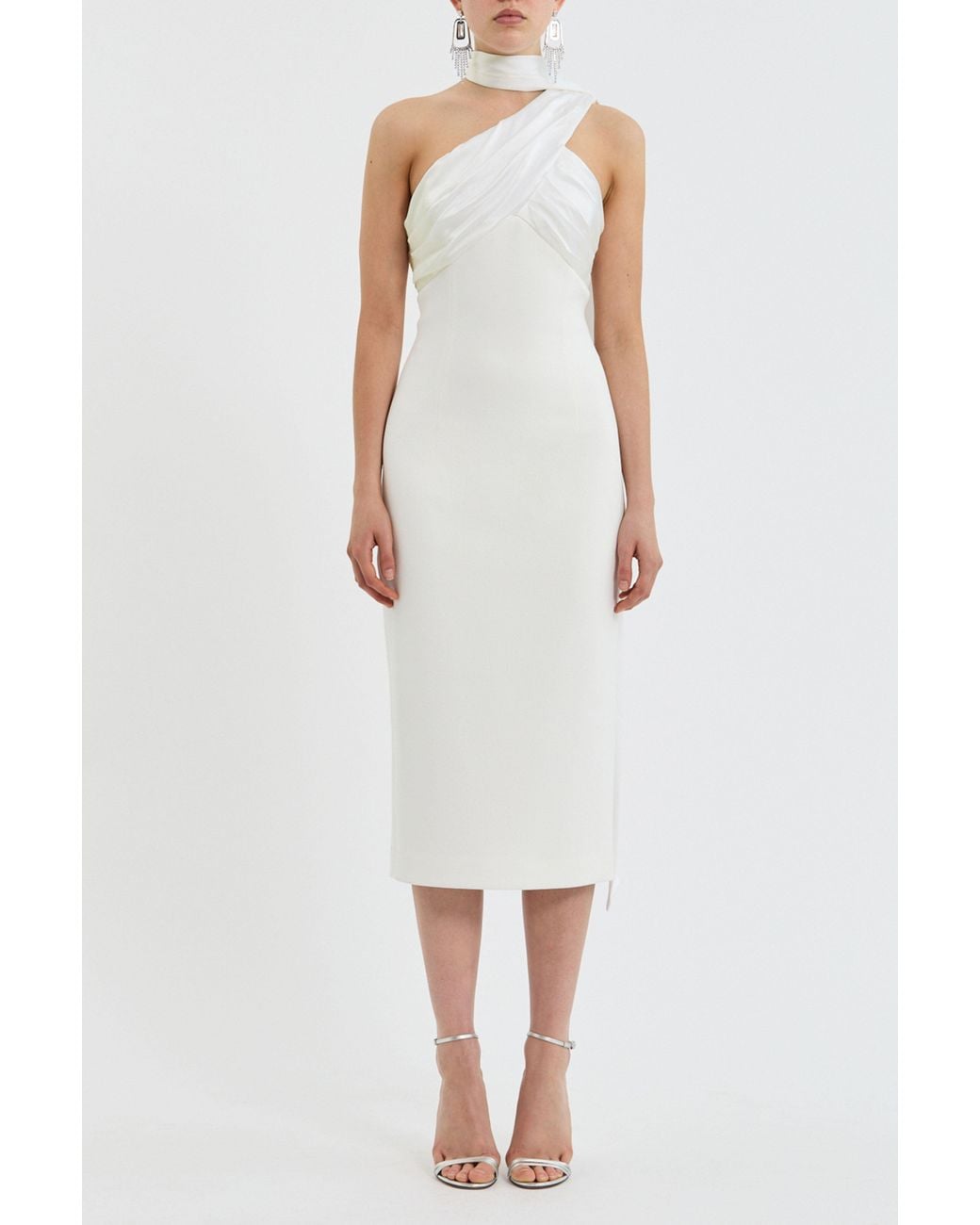 Rebecca Vallance White Atlas Halter Tie Midi Dress