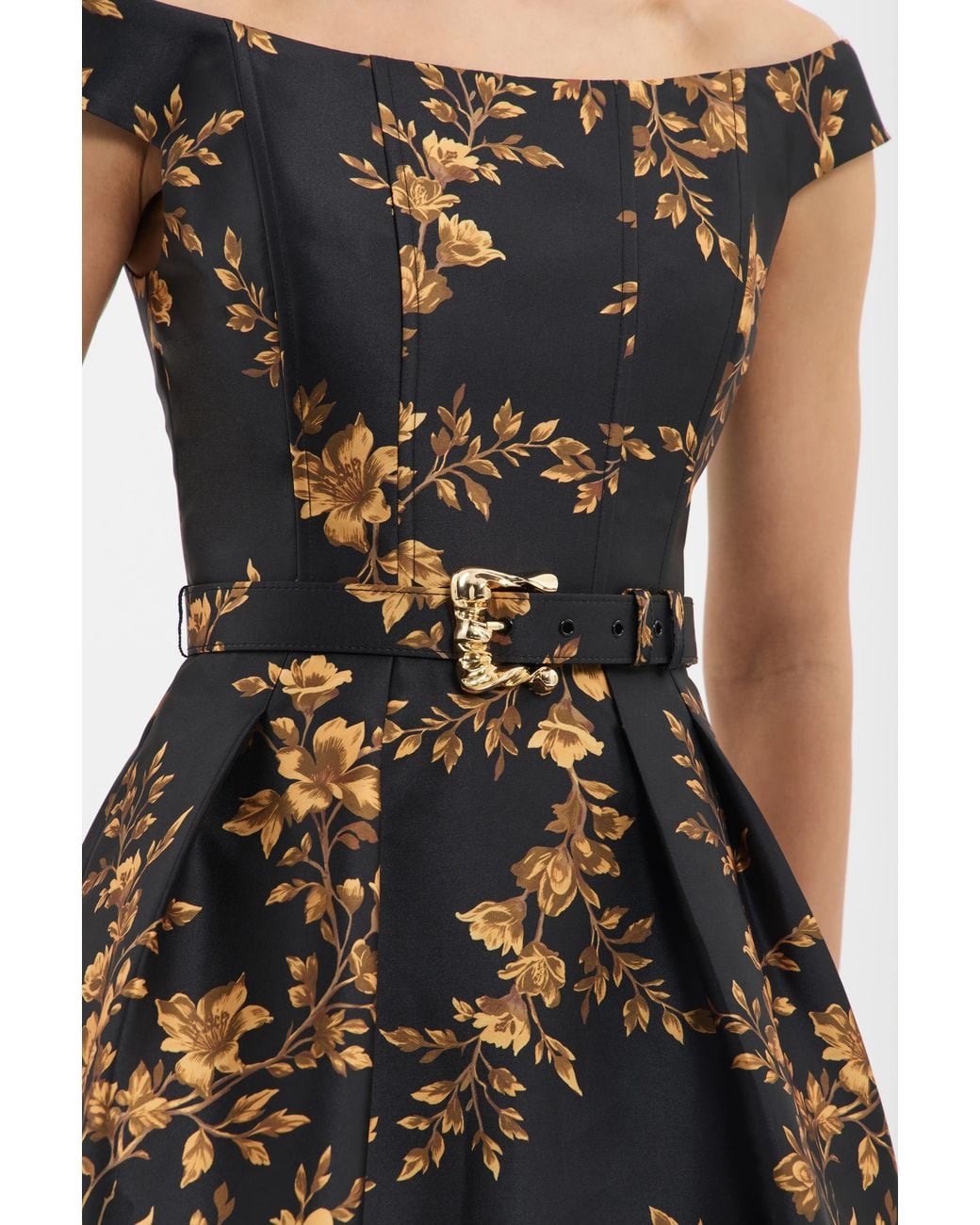 Rebecca Vallance Black Gilded Floral Midi Dress